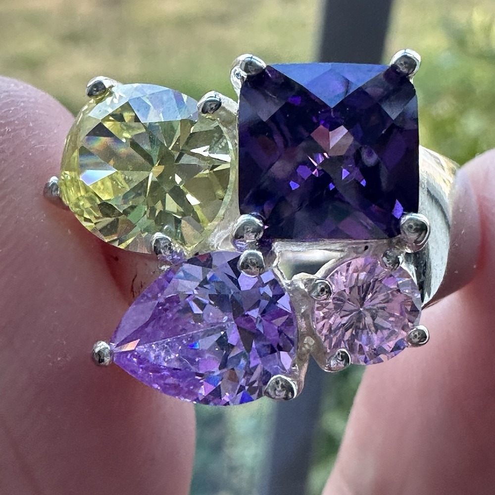 Cocktail Statement Ring Size 7.75‎ Purple Pink Green Gemstones 925 Sterling 8.3g